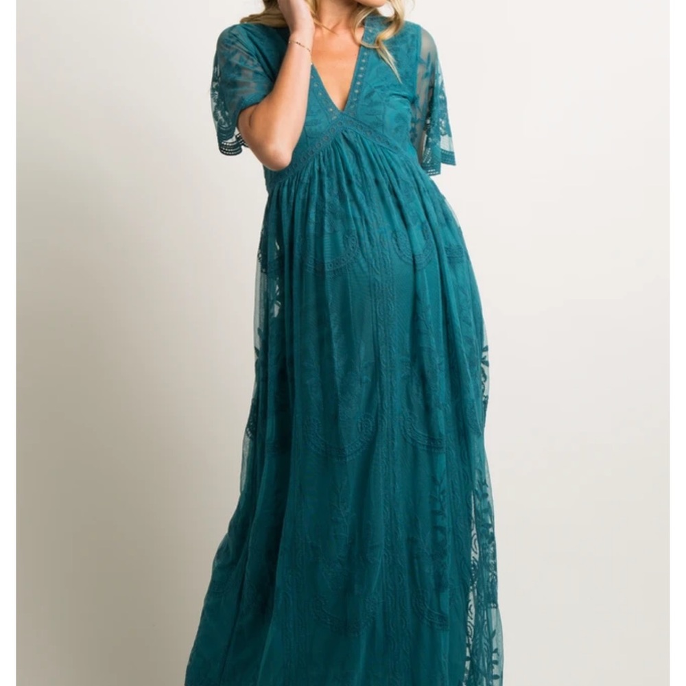 PinkBlush Teal Lace Overlay Maternity Dress - Med
